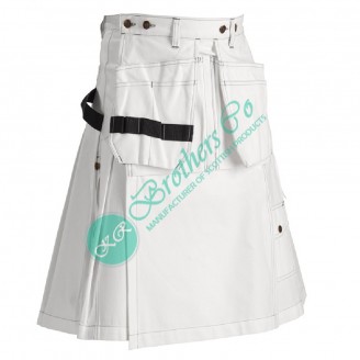 Men White Custom Made Casual Modern Prime Party Wear Utility Kilt 